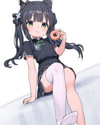 Rule 34 | 1girl, animal ear fluff, animal ears, black dress, black hair, blue archive, china dress, chinese clothes, doughnut, dress, feet, food, green eyes, highres, holding, legs, long hair, looking at viewer, luckyeldayo, no shoes, short sleeves, shun (blue archive), shun (small) (blue archive), single thighhigh, sitting, smile, solo, thighhighs, thighs, tiger ears, tiger girl, twintails, white thighhighs