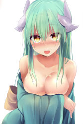 Rule 34 | 1girl, bare shoulders, blush, breasts, collarbone, dragon girl, dragon horns, fate/grand order, fate (series), green hair, green kimono, highres, horns, japanese clothes, kimono, kiyohime (fate), large breasts, long hair, long sleeves, looking at viewer, multiple horns, off shoulder, open mouth, sen (astronomy), smile, solo, wide sleeves, yellow eyes