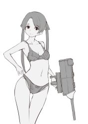 Rule 34 | 1girl, absurdres, adapted turret, bra, cannon, commentary request, feet out of frame, frilled bra, frills, gluteal fold, greyscale, gun, highres, holding, kantai collection, long hair, looking at viewer, mikuma (kancolle), monochrome, neve (morris-minicooper), panties, smile, solo, standing, turret, twintails, underwear, underwear only, weapon