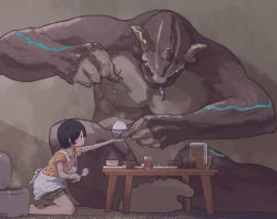 Rule 34 | 1boy, apron, black hair, chopsticks, creature, fish, glowing, glowing eyes, height difference, holding, horns, kneeling, light smile, looking down, original, pink eyes, rice, rice bowl, shirt, short sleeves, shorts, sitting, soy sauce, spoon, steam, table, yosiyosii