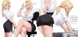 Rule 34 | 1girl, arched back, ass, black skirt, blonde hair, breasts, brown eyes, cleavage, echo saber, english text, facial mark, forehead mark, glasses, large breasts, crossed legs, looking at viewer, multiple views, nail polish, naruto (series), shirt, skirt, teacher, transparent background, tsunade (naruto), white shirt