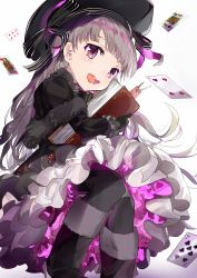 Rule 34 | 1girl, absurdres, book, boots, bow, card, fate/extra, fate/grand order, fate (series), gothic lolita, grey hair, hat, highres, lolita fashion, long hair, nursery rhyme (fate), open mouth, pink eyes, playing card, same (sendai623), smile, solo