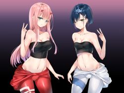 Rule 34 | 2girls, bare arms, bare shoulders, black background, blue hair, blush, bodysuit, bodysuit pull, breasts, cleavage, collarbone, commentary request, cowboy shot, dan gan, darling in the franxx, gradient background, green eyes, hair between eyes, hair ornament, hairclip, hand up, highres, horns, ichigo (darling in the franxx), large breasts, long hair, looking at viewer, medium breasts, midriff, multiple girls, navel, oni horns, pink hair, purple background, red bodysuit, red horns, short hair, smile, standing, stomach, strapless, thighs, tube top, v, white bodysuit, zero two (darling in the franxx)