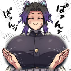 Rule 34 | 1girl, absurdres, alternate breast size, belt, black hair, bouncing breasts, breast slap, breasts, bug, butterfly, butterfly hair ornament, closed eyes, emphasis lines, false smile, gradient hair, hair ornament, highres, huge breasts, insect, kimetsu no yaiba, kochou shinobu, long sleeves, motion blur, multicolored hair, nikuatsu magician shinbo, parted bangs, purple hair, simple background, slapping, smile, solo focus, translation request, upper body, white background