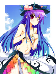 Rule 34 | 1girl, adapted costume, bikini, blush, breasts, cloud, covering privates, covering breasts, day, female focus, flat chest, food, frown, fruit, gradient hair, hat, hinanawi tenshi, long hair, minase, multicolored hair, peach, red eyes, sarong, sky, small breasts, solo, swimsuit, touhou, underboob, white bikini