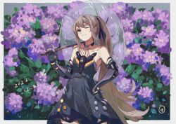 Rule 34 | 1girl, absurdres, baimanchuan, bare arms, bare shoulders, black dress, brown eyes, brown hair, chinese commentary, commentary, dated, dress, flat chest, flower request, highres, holding, holding umbrella, long hair, looking at viewer, mechanical arms, nanami: pulse (punishing: gray raven), nanami (punishing: gray raven), one eye closed, ponytail, punishing: gray raven, sidelocks, solo, transparent, transparent umbrella, umbrella, very long hair