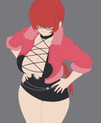 1girl breasts busty_female cleavage cleavage_cutout clothing_cutout curvy female_focus hands_on_own_hips huge_breasts jacket large_breasts long_hair pale_skin ponytail red_hair shermie_(kof) skirt smile standing the_king_of_fighters thick_thighs thighs wide_hips