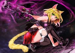 Rule 34 | 1girl, absurdres, animal ears, warrior of light (ff14), black footwear, black thighhighs, blonde hair, cat ears, cat tail, crate, eyes visible through hair, facial mark, final fantasy, final fantasy xiv, glowing, glowing weapon, green eyes, gun, highres, holding, holding gun, holding weapon, huge filesize, komota (kanyou shoujo), medium hair, miqo&#039;te, on one knee, parted lips, red skirt, shiny skin, skirt, smile, solo, tail, thighhighs, weapon, whisker markings
