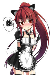 Rule 34 | alternate costume, animal ears, black thighhighs, blush, cat ears, collarbone, cowboy shot, detached collar, elesis (elsword), elsword, embarrassed, enmaided, frown, highres, long hair, maid, ponytail, red eyes, red hair, simple background, solo, thighhighs, very long hair, wavy mouth, white background, zetsuei (zetto)