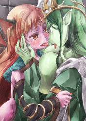 Rule 34 | 2girls, armadel (p&amp;d), asymmetrical docking, bad id, bad pixiv id, blush, breast press, breasts, colored skin, eye contact, fingernails, green hair, green skin, head wings, headdress, hug, huge breasts, long hair, looking at another, monster girl, multiple girls, nail polish, pink skin, plant girl, pointy ears, purple eyes, puzzle &amp; dragons, red eyes, red hair, sharp fingernails, theurgia (p&amp;d), tongue, tongue out, upper body, wings, yohane, yuri