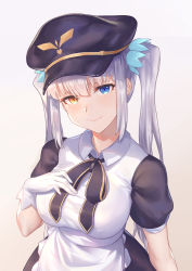 Rule 34 | 1girl, absurdres, apron, black hat, black ribbon, blue eyes, breasts, covered erect nipples, dress, gloves, gradient background, hair ornament, hat, head tilt, heterochromia, highres, kagura gumi, kagura mea, large breasts, long hair, looking at viewer, maid, peaked cap, puffy short sleeves, puffy sleeves, ribbon, senba (592683801), short sleeves, silver hair, smile, solo, twintails, very long hair, virtual youtuber, white apron, white gloves