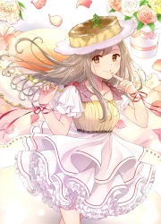 Rule 34 | 1girl, arms up, blouse, brown eyes, brown hair, cheesecake, commentary request, cowboy shot, cup, finger to mouth, fingernails, flower, food, food on head, fork, frilled sleeves, frills, gradient background, herb, highres, holding, holding fork, long hair, looking at viewer, nail polish, object on head, orange flower, orange rose, original, pechi (peeechika), petals, petticoat, pink flower, pink rose, plate, raglan sleeves, red nails, ribbon, rose, rose petals, saucer, shirt, skirt, smile, solo, sparkle, standing, teacup, vase, very long hair, white flower, white rose, white skirt, white sleeves, wrist ribbon, yellow flower, yellow rose, yellow shirt