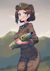 Rule 34 | 1girl, absurdres, ammunition, animal ears, breasts, brown eyes, brown hair, cigarette, commentary, dirty, dirty face, english commentary, erica (naze1940), explosive, hat, highres, large breasts, military, mountain, original, outdoors, shell (projectile), short hair, smile, solo, standing, wojtek, world war ii