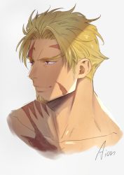 Rule 34 | 1boy, aion kiu, beowulf (fate), blonde hair, cropped shoulders, facial hair, fate/grand order, fate (series), goatee, long sideburns, looking to the side, male focus, mature male, parted bangs, scar, scar across eye, scar on chest, scar on face, short hair, sideburns, smile, solo