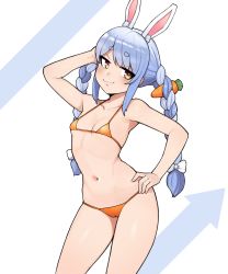 Rule 34 | 1girl, :3, absurdres, alternate costume, animal ear fluff, animal ears, arm up, bikini, blush, bow, braid, breasts, cameltoe, carrot hair ornament, cleavage, collarbone, commentary request, donburi (donburikazoku), fingernails, food-themed hair ornament, hair bow, hair ornament, half-closed eyes, hand on own hip, hand on own head, highres, hololive, long hair, navel, orange bikini, rabbit ears, sidelocks, small breasts, solo, swimsuit, twin braids, twintails, two-tone background, usada pekora, virtual youtuber, white bow