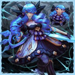 Rule 34 | 1girl, :o, absurdres, black dress, blue eyes, blue hair, breasts, bsapricot, doll, dress, drill hair, dual persona, eyebrows hidden by hair, gwen (league of legends), highres, holding, holding scissors, league of legends, long hair, looking at viewer, medium breasts, oversized object, parted lips, scissors, solo, twin drills, twintails