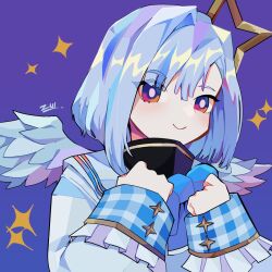 Rule 34 | 1girl, amane kanata, angel wings, blue hair, clenched hands, commentary request, diforland, eyes visible through hair, grey hair, hair over one eye, halo, highres, hololive, jacket, medium hair, multicolored hair, purple background, signature, sleeves past wrists, solo, sparkle, star halo, two-tone hair, virtual youtuber, white jacket, wings