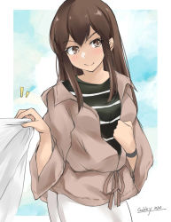 Rule 34 | 1girl, 1other, akagi (kancolle), black shirt, brown eyes, brown hair, brown jacket, commentary request, cowboy shot, gakky, jacket, kantai collection, long hair, official alternate costume, one-hour drawing challenge, shirt, shirt tug, skirt, solo focus, standing, straight hair, striped clothes, striped shirt, white skirt