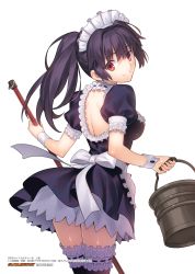 Rule 34 | 1girl, apron, black dress, black hair, black thighhighs, breasts, character request, choker, cowboy shot, dress, frilled thighhighs, frills, from behind, hair between eyes, headphones, high ponytail, highres, holding, long hair, looking at viewer, looking back, maid, maid headdress, medium breasts, red eyes, short dress, simple background, smile, solo, standing, takeuchi takashi, thighhighs, white apron, white background