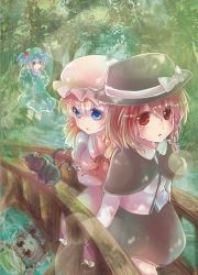 Rule 34 | 4girls, animal ears, backpack, bag, blonde hair, blue eyes, blue hair, bow, bridge, brown eyes, brown hair, capelet, cat, cat ears, chen, chen (cat), different reflection, dress, dual persona, earrings, forest, hair bobbles, hair bow, hair ornament, hands on own hips, hat, jewelry, kawashiro nitori, key, kokonoha mikage, long hair, maribel hearn, multiple girls, multiple tails, nature, reflection, ribbon, river, short hair, skirt, tail, touhou, twintails, two side up, usami renko, water