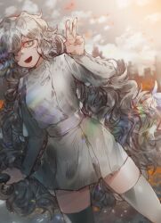 Rule 34 | 1girl, baseball bat, buttons, city, curly hair, dress, feruca, hair over one eye, hello charlotte, highres, long bangs, long hair, looking to the side, open mouth, q84, sky, solo, thighhighs, v, very long hair, white dress, white eyes, white hair, zettai ryouiki