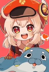 Rule 34 | + +, 1girl, :d, ahoge, blonde hair, blubberbeast (genshin impact), blush, brown gloves, cabbie hat, clover print, coat, commentary request, eyelashes, genshin impact, gloves, hair between eyes, hand up, hat, hat feather, heart, highres, klee (genshin impact), kogamo (user vajm2737), looking at viewer, low twintails, medium hair, open mouth, outline, pointy ears, pom pom (clothes), red background, red coat, red eyes, red hat, sidelocks, simple background, smile, solo, sparkling eyes, speech bubble, teeth, twintails, upper body, upper teeth only, white outline