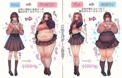 Rule 34 | 2girls, arrow (symbol), black jacket, black socks, blue eyes, braid, breasts, brown eyes, brown hair, collared shirt, cropped shirt, fat, glasses, gradient hair, gyaru, gyaru v, hand on own hip, hands on own chest, heart, jacket, kogal, large breasts, long hair, looking at viewer, medium breasts, midriff, multicolored hair, multiple girls, navel, obese, open mouth, original, parted hair, pink hair, pink sweater, red nails, shirt, smile, socks, sparkle, sweater, sweater tucked in, toro (tororo), translation request, twin braids, v, white shirt
