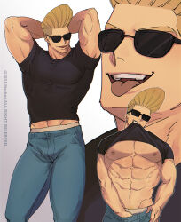 Rule 34 | 1boy, absurdres, arms behind head, artist name, bara, bare pectorals, biceps, black shirt, blonde hair, blue pants, cartoon network, clothes lift, flexing, hand under clothes, highres, johnny bravo, johnny bravo (series), large pectorals, male focus, muscular, muscular male, nachos (chos na), open mouth, pants, pectorals, shirt, shirt lift, short hair, smile, sunglasses, tongue, tongue out