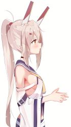 Rule 34 | 1girl, armpits, ayanami (azur lane), azur lane, blue skirt, blush, breasts, brown eyes, commentary request, detached sleeves, from side, hair between eyes, headgear, high ponytail, highres, light brown hair, long hair, long sleeves, looking away, medium breasts, neckerchief, own hands together, parted lips, ponytail, profile, school uniform, serafuku, shirousa, shirt, sideboob, sidelocks, simple background, skirt, solo, very long hair, white background, white shirt, wide sleeves, yellow neckerchief
