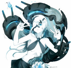 Rule 34 | 1girl, abyssal ship, bare shoulders, bikini, bikini top only, blue eyes, breasts, cocktail glass, colored skin, commentary request, cup, double v, drinking glass, flower, flying sweatdrops, hair over one eye, hi ye, highres, horns, kantai collection, long hair, looking at viewer, ne-class heavy cruiser, sarong, short hair, simple background, single horn, smile, smug, solo, swimsuit, turret, v, white background, white hair, white skin