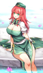 Rule 34 | 1girl, absurdres, beret, bow, braid, breasts, china dress, chinese clothes, cleavage, dress, flower, full body, green bow, green eyes, green hat, hair bow, hat, hat ornament, highres, hong meiling, large breasts, lips, long hair, looking at viewer, lotus, parted lips, partially submerged, raptor7, red hair, short sleeves, side braids, simple background, sitting, smile, solo, star (symbol), star hat ornament, thighs, touhou, twin braids, white background