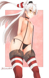 Rule 34 | 10s, 1girl, absurdres, amatsukaze (kancolle), areola slip, arms behind back, black panties, blush, breasts, brown eyes, dutch angle, garter straps, hair ornament, hairband, highres, kantai collection, long hair, navel, no bra, open mouth, panties, sakiryo kanna, side-tie panties, signature, silver hair, small breasts, solo, standing, striped clothes, striped thighhighs, thighhighs, topless, two side up, underwear, underwear only, yellow eyes