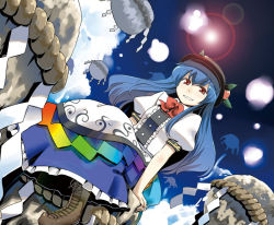 Rule 34 | 1girl, apron, blue hair, boots, cloud, cross-laced footwear, dress, dutch angle, female focus, food, from below, fruit, grin, hat, hinanawi tenshi, hota, keystone, lace-up boots, lens flare, long hair, peach, red eyes, rock, rope, shimenawa, smile, solo, touhou