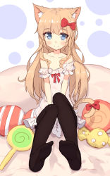 Rule 34 | 1girl, animal ear fluff, animal ears, black pantyhose, blue eyes, blush, bow, cat ears, cat tail, hair bow, highres, light brown hair, long hair, looking at viewer, original, pantyhose, shone, sitting, sketch, smile, solo, stuffed toy, tail, tail bow, tail ornament