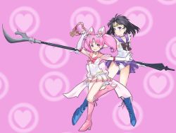 Rule 34 | 1990s (style), 2girls, bell, bishoujo senshi sailor moon, bishoujo senshi sailor moon s, bishoujo senshi sailor moon supers, black hair, blue footwear, boots, brooch, chibi usa, child, choker, cone hair bun, elbow gloves, glaive (polearm), gloves, hair bun, heart, heart brooch, highres, holding, holding polearm, holding spear, holding weapon, jewelry, k@non, knee boots, long hair, magical girl, microskirt, multicolored clothes, multicolored skirt, multiple girls, pink background, pink footwear, pink hair, pleated skirt, polearm, purple eyes, purple skirt, red eyes, retro artstyle, sailor chibi moon, sailor saturn, sailor senshi, short hair, silence glaive, skirt, spear, star brooch, striped clothes, striped skirt, super sailor chibi moon, tiara, tomoe hotaru, twintails, upskirt, weapon, white gloves
