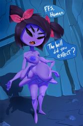 Rule 34 | 1girl, arthropod girl, black eyes, black hair, bob cut, breasts, cleft of venus, colored skin, english text, extra arms, extra eyes, fangs, insect girl, large breasts, looking at viewer, muffet, multi limb, nude, open mouth, pregnant, purple skin, pussy, short hair, short twintails, shortstack, speech bubble, spider girl, the boogie, twintails, uncensored, undertale