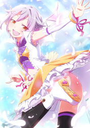 Rule 34 | 10s, 1girl, :d, ass, black thighhighs, boots, brown eyes, detached sleeves, dress, headset, heart, idolmaster, idolmaster cinderella girls, koshimizu sachiko, leg up, long hair, looking at viewer, natsumi akira, open mouth, outstretched arm, purple hair, short hair, smile, solo, thighhighs, wings