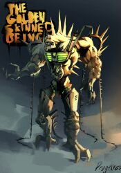 Rule 34 | artist name, bionicle, cable, character name, clenched teeth, commentary, english commentary, fewer digits, frown, full body, golden-skinned being (bionicle), green eyes, highres, monster, multiple heads, prog ares, sharp teeth, solo, teeth, the lego group