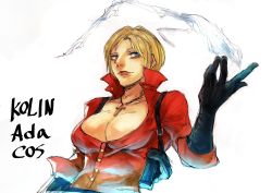 Rule 34 | 1girl, absurdres, ada wong, ada wong (cosplay), akasa tana ex, black gloves, black pants, blonde hair, blue eyes, breasts, character name, cleavage, cosplay, cross, dress shirt, english text, eyebrows, eyelashes, gloves, gun, handgun, highres, holster, ice, jewelry, kolin, large breasts, lips, necklace, pants, pistol, red shirt, shirt, shoulder holster, simple background, solo, standing, street fighter, street fighter v, weapon, white background