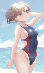 Rule 34 | 1girl, absurdres, blue one-piece swimsuit, blue sky, breasts, brown hair, cloud, commentary request, competition swimsuit, covered navel, day, highleg, highleg swimsuit, highres, higuchi madoka, horizon, idolmaster, idolmaster shiny colors, medium breasts, mole, mole under eye, mugitya0822, ocean, one-piece swimsuit, outdoors, purple eyes, short hair, sky, solo, standing, swept bangs, swimsuit