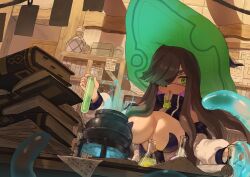 Rule 34 | 1girl, @ @, absurdres, black hair, book, book stack, box, breasts, cauldron, center opening, commentary, detached sleeves, english commentary, green eyes, green hat, greentanuki, hair over one eye, hand up, hat, highres, holding, holding test tube, large breasts, long hair, long sleeves, looking at viewer, low neckline, note, one eye covered, open mouth, original, paper, puffy long sleeves, puffy sleeves, shelf, solo, sweatdrop, tentacles, test tube, upper body, witch hat, zipper, zipper pull tab