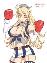 Rule 34 | 1girl, asymmetrical legwear, belt buckle, black panties, blonde hair, blue eyes, boxing gloves, breasts, buckle, commentary request, contrapposto, dated, fingerless gloves, front-tie top, garter straps, geru, gloves, iowa (kancolle), kantai collection, large breasts, miniskirt, mismatched legwear, one eye closed, panties, simple background, skirt, solo, star-shaped pupils, star (symbol), striped clothes, striped skirt, striped thighhighs, symbol-shaped pupils, thighhighs, twitter username, underwear, vertical-striped clothes, vertical-striped skirt, vertical-striped thighhighs, white background