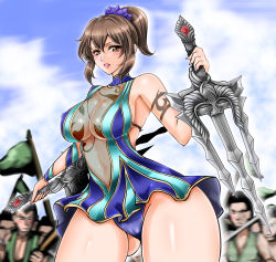 Rule 34 | 1041 (toshikazu), 1girl, alternate costume, breasts, brown eyes, brown hair, cameltoe, covered erect nipples, curvy, day, dual wielding, gold trim, hair ornament, hip focus, holding, large breasts, lips, outdoors, ponytail, sai (weapon), see-through, shin sangoku musou, solo focus, swimsuit, tattoo, wang yi, weapon, wide hips