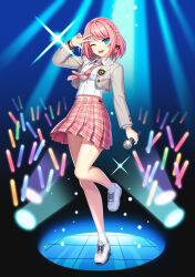 Rule 34 | 1girl, ;d, ankle socks, arm at side, badge, black background, black bow, blue background, blue eyes, bob cut, bow, braid, closers, collared shirt, cropped jacket, dark background, full body, glowstick, gradient background, grey jacket, hair bow, hand on own head, hand up, highres, holding, holding microphone, idol, jacket, leg up, long sleeves, microphone, midriff peek, miniskirt, necktie, official art, one eye closed, open mouth, pink hair, pink necktie, pink skirt, plaid, plaid necktie, plaid skirt, pleated skirt, school uniform, seulbi lee, shirt, shoes, short hair, side braid, skirt, smile, sneakers, socks, solo, sparkle, stage, stage lights, standing, standing on one leg, star bracelet, tachi-e, v, white footwear, white shirt, white socks