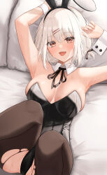 Rule 34 | 1girl, absurdres, animal ears, armpits, arms up, black leotard, black pantyhose, breasts, cameltoe, cleavage, detached collar, fake animal ears, fang, highres, honome sui, large breasts, leotard, looking at viewer, lying, medium breasts, on back, on bed, original, pantyhose, playboy bunny, rabbit ears, red eyes, short hair, sidelocks, smile, solo, strapless, strapless leotard, tongue, tongue out, torn clothes, torn pantyhose, wet, white hair, wrist cuffs
