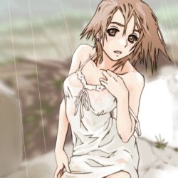 Rule 34 | 1girl, bare arms, bare shoulders, breasts, brown eyes, brown hair, collarbone, lingerie, looking at viewer, medium breasts, off shoulder, open mouth, original, rain, shirt, short hair, solo, temp h, underwear, wet, wet clothes, wet shirt