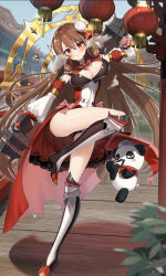 Rule 34 | 1girl, blush, boots, breasts, brown hair, chengdu (oshiro project), chinese clothes, cleavage, cluseller, detached sleeves, familiar, flower, hair between eyes, hair flower, hair ornament, highres, knee boots, large breasts, long hair, looking at viewer, oshiro project:re, panda, red eyes, solo, sweat