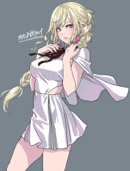 Rule 34 | 1girl, absurdres, blonde hair, blue eyes, blush, braid, breasts, capelet, closed mouth, commentary request, copyright name, dress, earrings, fingernails, gigi andalusia, grey background, gundam, gundam hathaway&#039;s flash, hands up, highres, jewelry, lips, long hair, looking at viewer, medium breasts, nail polish, short dress, simple background, single braid, skirt, sleeveless, solo, white dress, yamashita shun&#039;ya