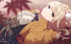 Rule 34 | 1girl, blonde hair, blouse, blurry, braid, breasts, depth of field, green eyes, hair ornament, highres, indie virtual youtuber, long hair, long sleeves, looking at viewer, mochimiya (coyo), open mouth, pom pom (clothes), pom pom hair ornament, shigure ui (vtuber) (casual), shigure ui (vtuber), shirt, solo, virtual youtuber, white shirt