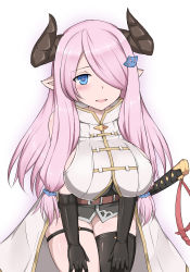 Rule 34 | 10s, 1girl, belt, black gloves, black thighhighs, blue eyes, blush, braid, breasts, c8 toyo, cow girl, cow horns, elbow gloves, female focus, gloves, granblue fantasy, hair ornament, hair over one eye, hairclip, horns, large breasts, leaning forward, long hair, looking at viewer, miniskirt, narmaya (granblue fantasy), pink hair, pointy ears, shirt, sideboob, simple background, skirt, solo, standing, sword, thighhighs, weapon, white background